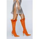 Faux Suede Feather Trim Knee High Boots