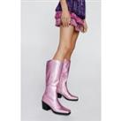 Faux Leather Metallic Square Toe Knee High Cowboy Boots