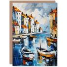 Boats in Harbor Fishing Town Coastal Townscape Greeting Card Birthday