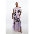 Plus Size Ooto Floral Heavy Satin Woven One Shoulder Maxi Dress