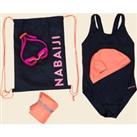 Start 100 Girl's Swimming Set - Navy/coral (bag. Towel. Goggles. Cap. Swimsuit)