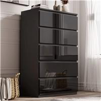 High Gloss Tall Chest of Drawers  5 Drawer Chest Bedroom Drawers  Black