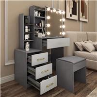 Hollywood Mirror Dressing Table with Storage, Drawers Vanity Makeup Desk  Grey + Silver Grey
