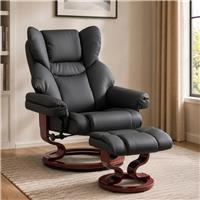 Swivel Recliner Chair with Footstool  Recliner Armchair  Black  PU Leather