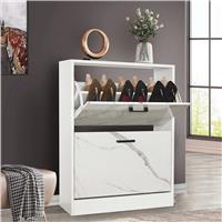 2 Drawer Slim Shoe Storage Cabinet for Hallway  White Marble