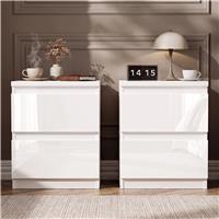 Bedside Tables Set of 2  High Gloss 2 Drawer Bedroom Storage  White