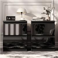 Bedside Tables Set of 2  High Gloss 2 Drawer Bedroom Storage  Black