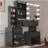 Hollywood Mirror Dressing Table with Storage, Drawers Vanity Makeup Desk  Black