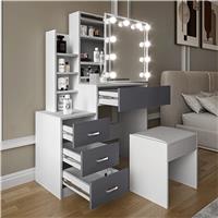 Hollywood Mirror Dressing Table with Storage, Drawers Vanity Makeup Desk  White + Grey