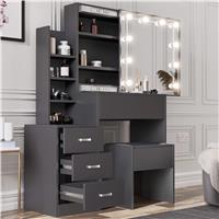 Hollywood Mirror Dressing Table with Storage, Drawers Vanity Makeup Desk  Grey