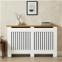 Radiator Cover With Oak Top  Vertical Slatted Design  White / Large