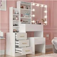Hollywood Mirror Dressing Table with Storage, Drawers Vanity Makeup Desk  White