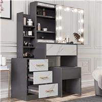 Hollywood Mirror Dressing Table with Storage, Drawers Vanity Makeup Desk  Grey + Marble White