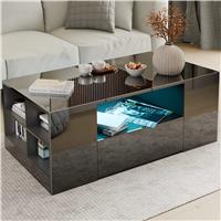 High Gloss Coffee Table with LED Lights Storage Drawers  Black