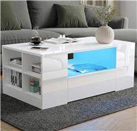 High Gloss Coffee Table with LED Lights Storage Drawers  White