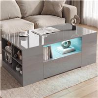High Gloss Coffee Table with LED Lights Storage Drawers  Grey