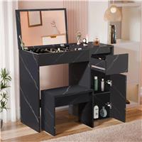 FlipUp Mirror Dressing Table with Storage & Stool, Makeup Desk  Black Marble
