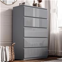High Gloss Tall Chest of Drawers  5 Drawer Chest Bedroom Drawers  Grey