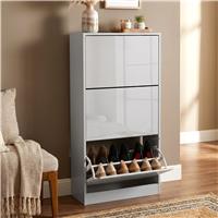High Gloss 3 Door Shoe Cabinet | Slim Shoe Storage  Silver Grey