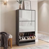 High Gloss 3 Door Shoe Cabinet | Slim Shoe Storage  Dark Grey & Sliver Grey