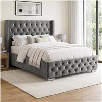 Cross Pattern Velvet Ottoman Storage Bed  Winged Bed Frame  Double (4ft6) / Grey
