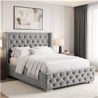 Cross Pattern Velvet Ottoman Storage Bed  Winged Bed Frame  Double (4ft6) / Light Grey