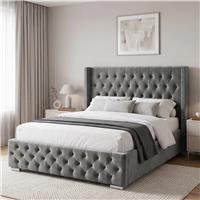 Cross Pattern Velvet Ottoman Storage Bed  Winged Bed Frame  King (5ft) / Grey