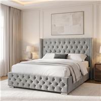 Cross Pattern Velvet Ottoman Storage Bed  Winged Bed Frame  King (5ft) / Light Grey