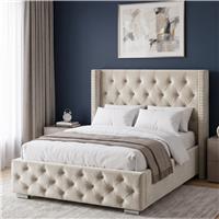 Cross Pattern Velvet Ottoman Storage Bed  Winged Bed Frame  Small Double (4ft) / Beige