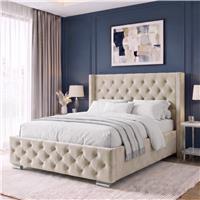 Cross Pattern Velvet Ottoman Storage Bed  Winged Bed Frame  Double (4ft6) / Beige
