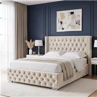 Cross Pattern Velvet Ottoman Storage Bed  Winged Bed Frame  King (5ft) / Beige