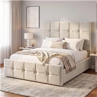 Square Ottoman Storage Bed  Velvet Ottoman Bed Frame  Small Double (4ft) / Beige