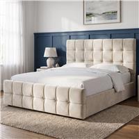 Square Ottoman Storage Bed  Velvet Ottoman Bed Frame  King (5ft) / Beige
