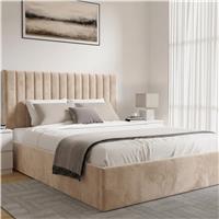Vertical Line Ottoman Storage Bed  Velvet Ottoman Bed Frame  King (5ft) / Beige