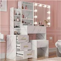 Hollywood Mirror Dressing Table with Storage, Drawers Vanity Makeup Desk  White Marble