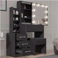 Hollywood Mirror Dressing Table with Storage, Drawers Vanity Makeup Desk  Black Marble