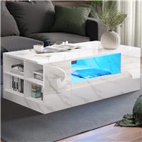 High Gloss Coffee Table with LED Lights Storage Drawers  White Marble