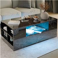 High Gloss Coffee Table with LED Lights Storage Drawers  Black Marble