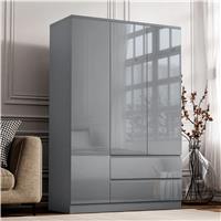 High Gloss 3 Door Wardrobe With Drawers And Shelves  Grey