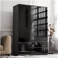 High Gloss 3 Door Wardrobe With Drawers And Shelves  Black