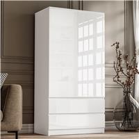 High Gloss 2 Door Wardrobe With Drawers and Hanging Rail  White