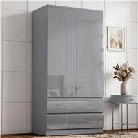 High Gloss 2 Door Wardrobe With Drawers and Hanging Rail  Grey