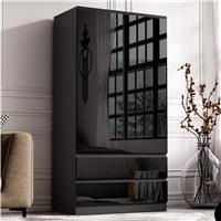 High Gloss 2 Door Wardrobe With Drawers and Hanging Rail  Black