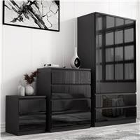 High Gloss 3 Piece Wardrobe Set With Chest of Drawers - Black