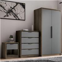Skova 3 Piece Bedroom Set - Wardrobe and Chest of Drawers - Wooden Grey+Grey