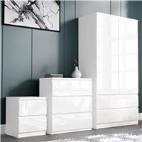 High Gloss 3 Piece Bedroom Set- 2 Door Wardrobe With Drawers - White