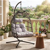Foldable Garden Hanging Egg Chair with Stand Indoor Outdoor  Black