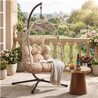 Foldable Garden Hanging Egg Chair with Stand Indoor Outdoor  Beige
