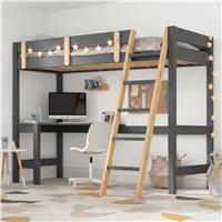 Bunk Bed With Desk - High Sleeper Loft Bed Frame For Kids - Dark Grey + Pine