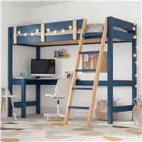 Bunk Bed With Desk - High Sleeper Loft Bed Frame For Kids - Blue + Pine